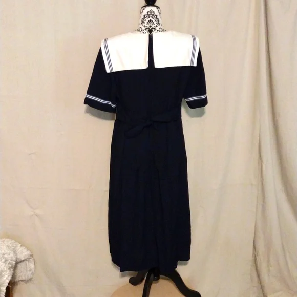 Vintage 80's 90's J.B.S. LTD Navy Blue Sailor Inspired Midi Dress USA Made - Picture 3 of 14